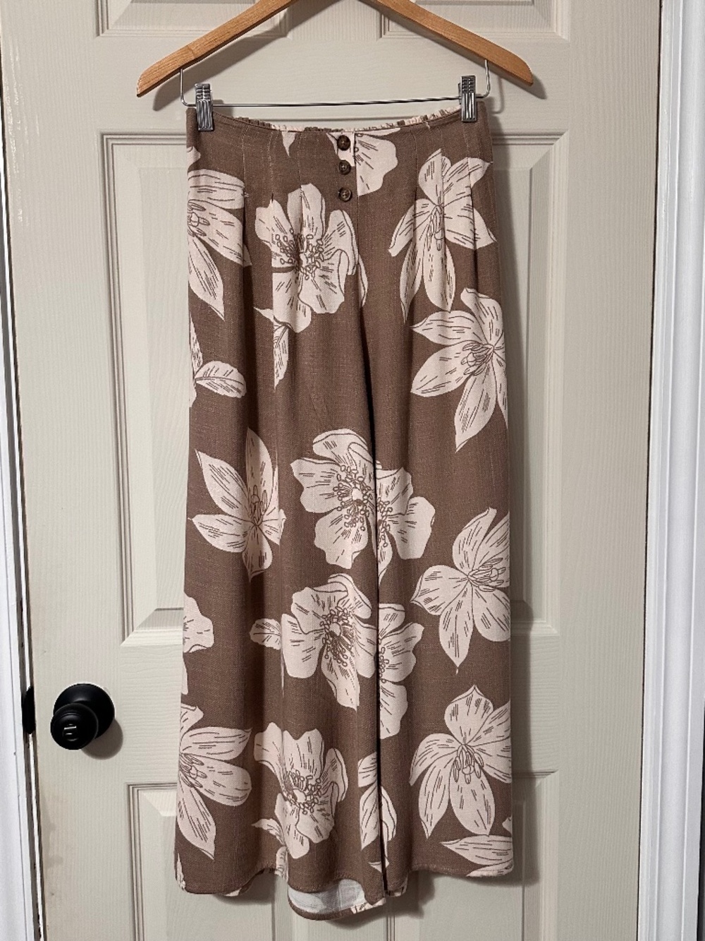 Tan Bohemian Beachy Cottage Floral Wide Leg Summer Pants - Picture 1 of 3